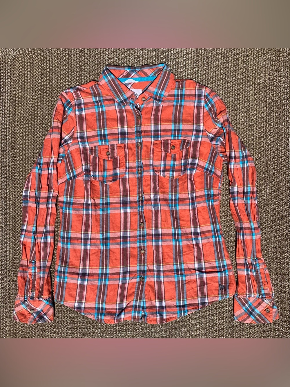 Aeropostale Women Plaid Flannel Button Down Orange Teal M